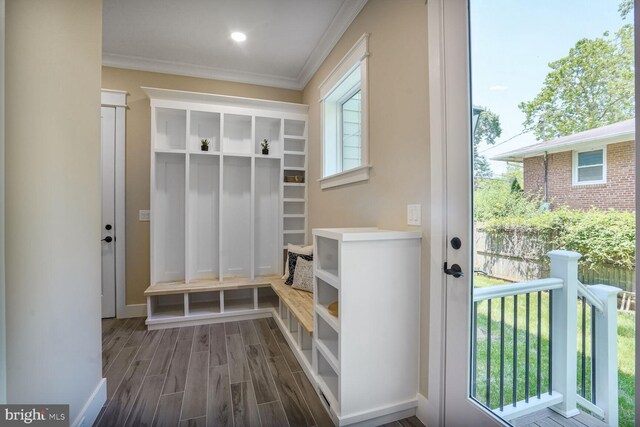 504 Kingsley Rd SW, Vienna, VA 22180 - mudroom with ornamental molding and dark wood finished floors