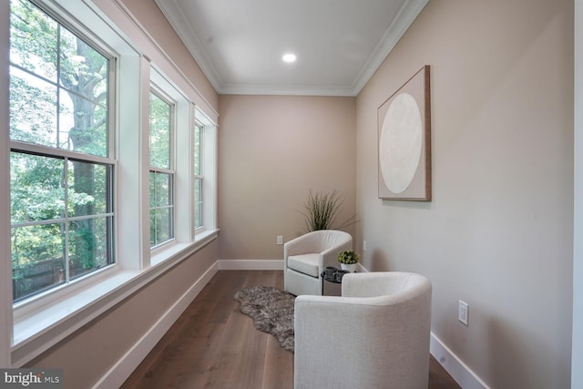 504 Kingsley Rd SW, Vienna, VA 22180 - sitting room featuring dark wood-style floors, ornamental molding, and recessed lighting