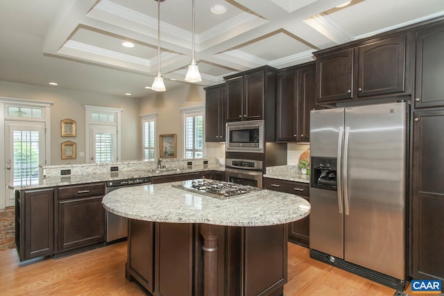 2105 Avinity Loop, Charlottesville, VA 22902 - kitchen with appliances with stainless steel finishes, a peninsula, coffered ceiling, dark brown cabinets, and a center island