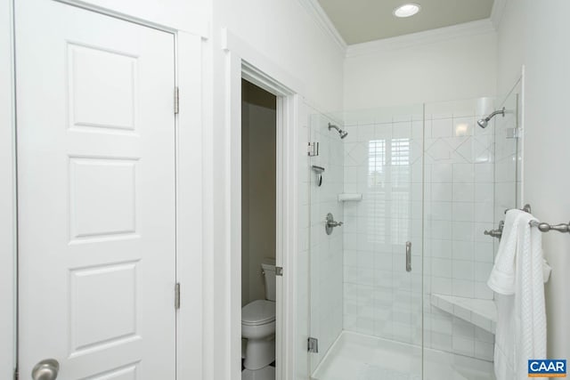 2105 Avinity Loop, Charlottesville, VA 22902 - bathroom with a shower stall, ornamental molding, and toilet