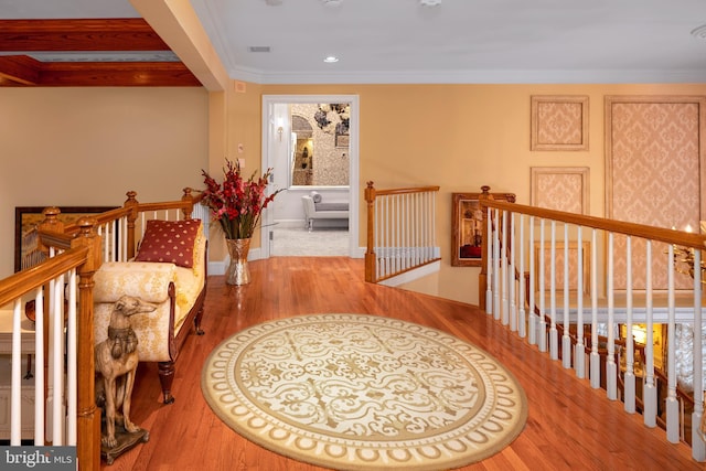 103 Marian Dr, Princeton Junction, NJ 08550 - hallway with an upstairs landing, wood finished floors, crown molding, and recessed lighting