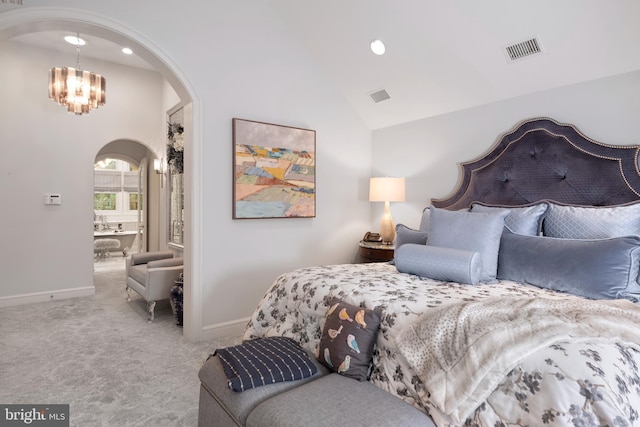 103 Marian Dr, Princeton Junction, NJ 08550 - carpeted bedroom featuring arched walkways, a chandelier, recessed lighting, high vaulted ceiling, and connected bathroom