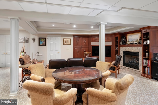 103 Marian Dr, Princeton Junction, NJ 08550 - dining area with ornate columns, a fireplace, a tray ceiling, crown molding, and light colored carpet