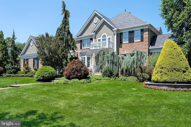 103 Marian Dr, Princeton Junction, NJ 08550 - view of front of home with brick siding, a front yard, and a balcony