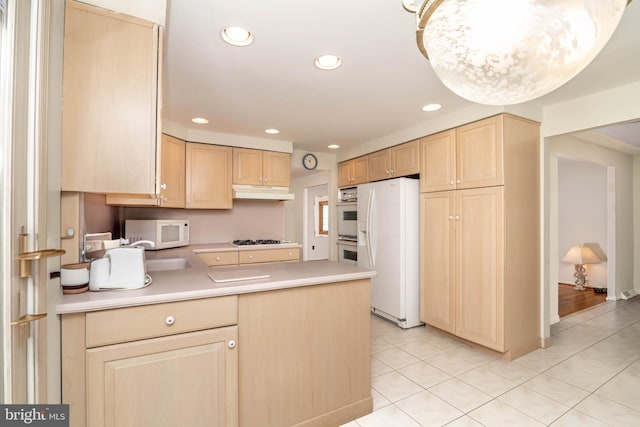 2301 Yellowstone Rd, Cinnaminson, NJ 08077 - kitchen featuring white appliances, light brown cabinets, a peninsula, under cabinet range hood, and recessed lighting
