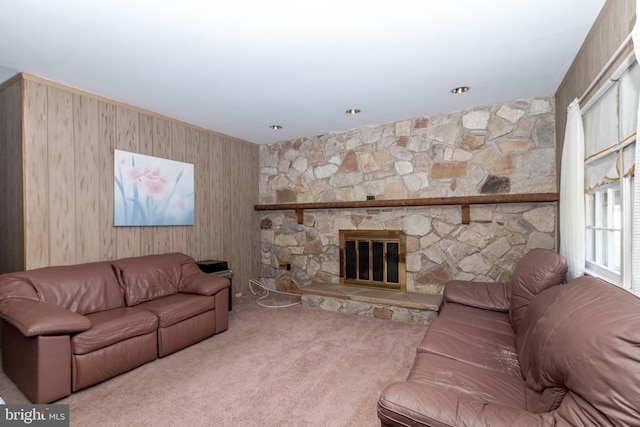 2301 Yellowstone Rd, Cinnaminson, NJ 08077 - carpeted living room featuring a stone fireplace and wood walls