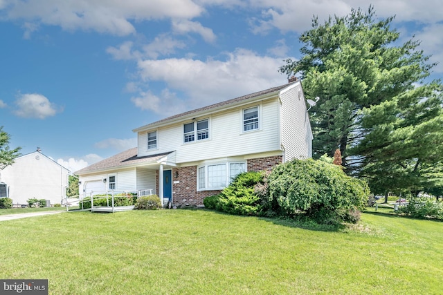 2301 Yellowstone Rd, Cinnaminson, NJ 08077 - view of front of house with brick siding, a front lawn, a chimney, and an attached garage