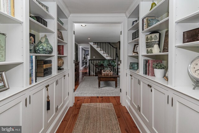 200 Hun Rd, Princeton, NJ 08540 - hall with dark wood-type flooring, ornamental molding, and stairs