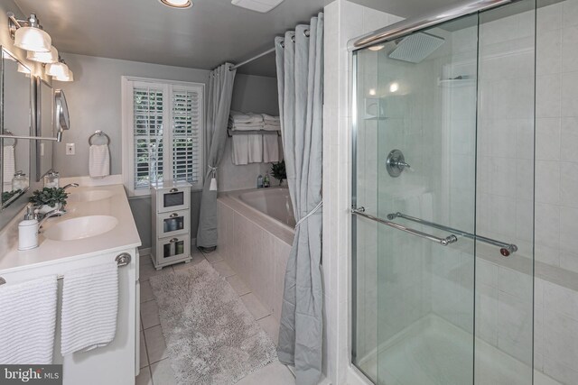 200 Hun Rd, Princeton, NJ 08540 - full bath featuring a shower stall, a garden tub, double vanity, and tile patterned flooring