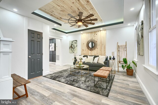 837 W 33rd St, Baltimore, MD 21211 - living area with a raised ceiling, a ceiling fan, light wood-style flooring, baseboards, and wooden ceiling