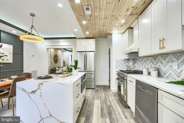 837 W 33rd St, Baltimore, MD 21211 - kitchen featuring high quality appliances, a center island, recessed lighting, light wood-style flooring, and wooden ceiling