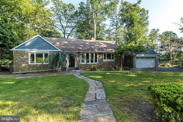 1901 Acorn Ln, Abington, PA 19001 - ranch-style house with stone siding, driveway, a front lawn, and a garage