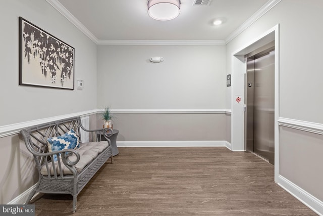 401 Bold Ruler Ct Unit 302, Havre De Grace, MD 21078 - sitting room featuring ornamental molding, wood finished floors, elevator, and baseboards