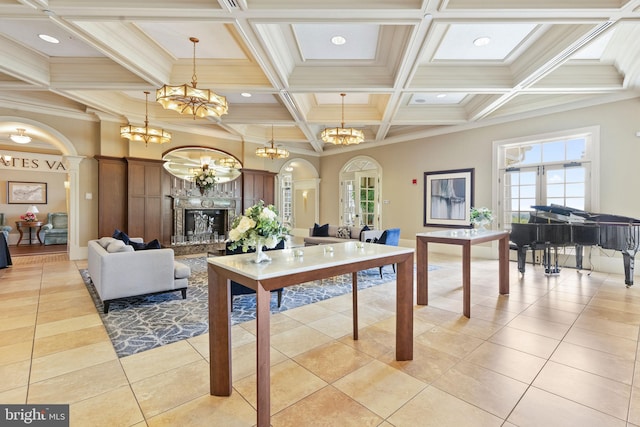 401 Bold Ruler Ct Unit 302, Havre De Grace, MD 21078 - living room with a chandelier, crown molding, healthy amount of natural light, light tile patterned flooring, and coffered ceiling