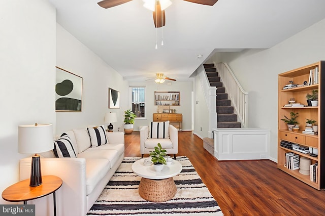 1238 Durfor St, Philadelphia, PA 19148 - living room featuring a ceiling fan, stairs, and wood finished floors