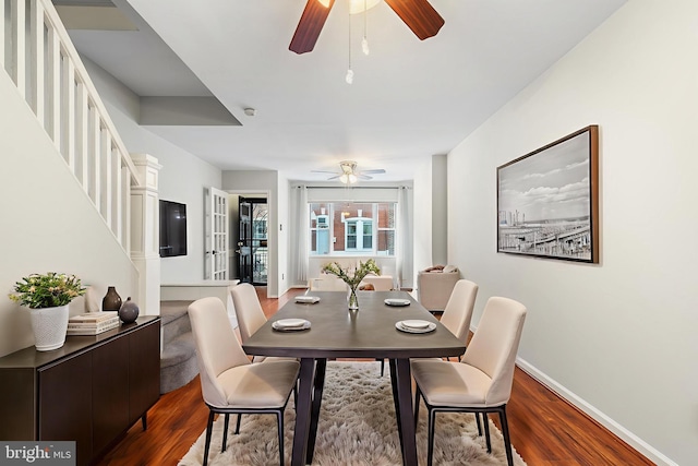 1238 Durfor St, Philadelphia, PA 19148 - dining room featuring ceiling fan, dark wood-style floors, baseboards, and stairs