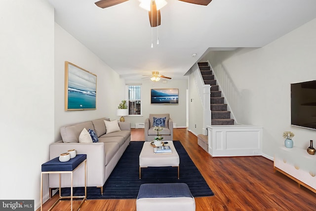 1238 Durfor St, Philadelphia, PA 19148 - living room with a ceiling fan, stairway, wood finished floors, and baseboards