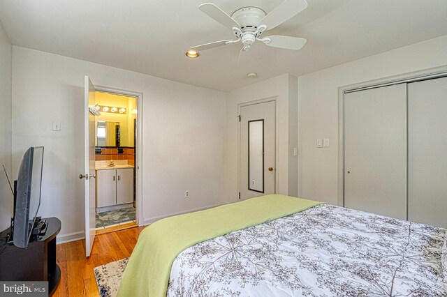 3820 Lorcom Ln, Arlington, VA 22207 - bedroom featuring wood finished floors, a closet, ensuite bath, recessed lighting, and a ceiling fan