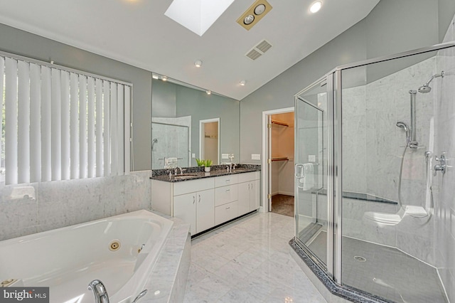 3820 Lorcom Ln, Arlington, VA 22207 - full bathroom featuring a skylight, vanity, a shower stall, lofted ceiling, and a whirlpool tub