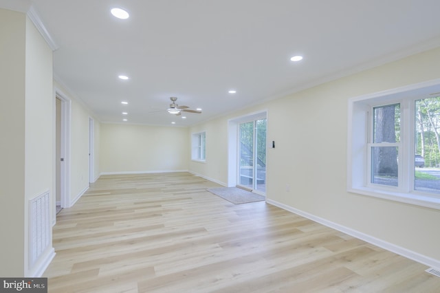 9708 Martinsburg Rd, Hedgesville, WV 25427 - unfurnished room with ornamental molding, a ceiling fan, recessed lighting, baseboards, and light wood-style floors