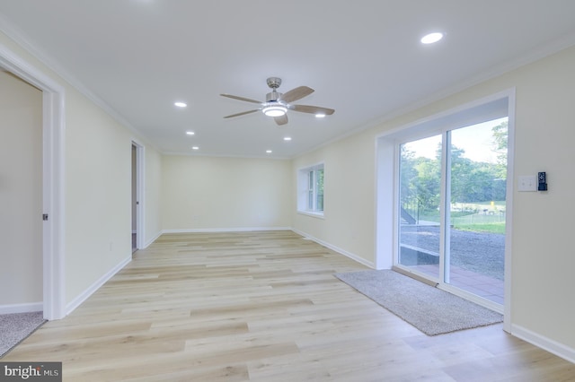 9708 Martinsburg Rd, Hedgesville, WV 25427 - unfurnished room featuring ornamental molding, a ceiling fan, baseboards, recessed lighting, and light wood-style floors