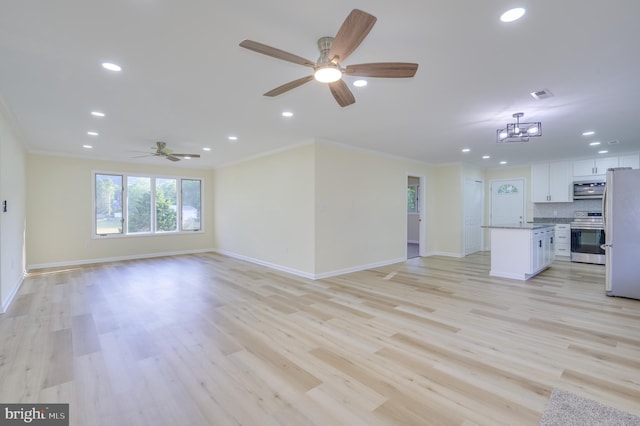 9708 Martinsburg Rd, Hedgesville, WV 25427 - unfurnished living room with recessed lighting, baseboards, crown molding, a ceiling fan, and light wood-style floors