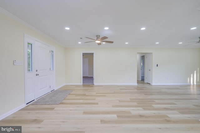 9708 Martinsburg Rd, Hedgesville, WV 25427 - empty room featuring a ceiling fan, crown molding, recessed lighting, baseboards, and light wood finished floors