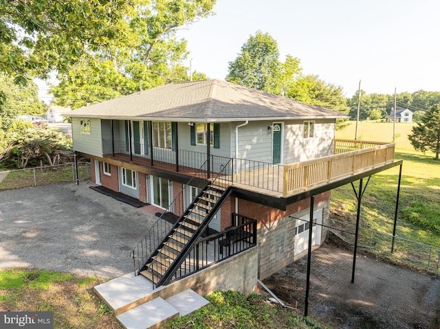 9708 Martinsburg Rd, Hedgesville, WV 25427 - rear view of property featuring stairs, roof with shingles, a wooden deck, and a patio
