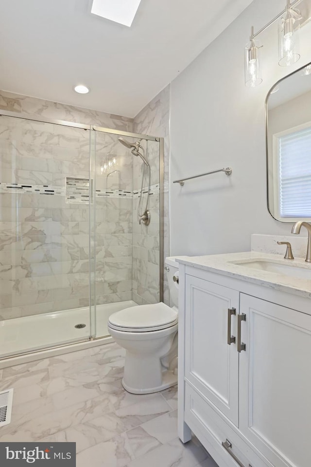 9416 Seven Courts Dr, Baltimore, MD 21236 - full bath featuring marble look tiles, vanity, toilet, a shower stall, and recessed lighting