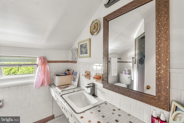 206 Mountain Rd, Linthicum Heights, MD 21090 - kitchen featuring tile walls, a sink, vaulted ceiling, light countertops, and tile patterned floors