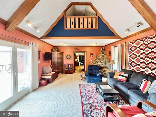 299 Valentine Acres Rd, Clearville, PA 15535 - living room with carpet, track lighting, beam ceiling, high vaulted ceiling, and a textured ceiling