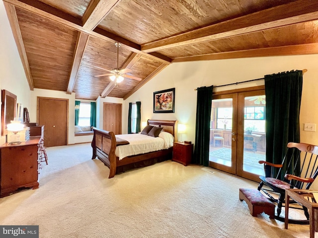 299 Valentine Acres Rd, Clearville, PA 15535 - bedroom featuring wood ceiling, carpet floors, french doors, and access to exterior
