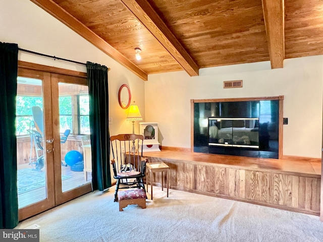 299 Valentine Acres Rd, Clearville, PA 15535 - living area featuring wooden ceiling, french doors, and carpet flooring