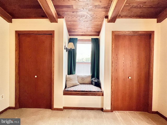 299 Valentine Acres Rd, Clearville, PA 15535 - carpeted bedroom featuring wooden ceiling with exposed beams and baseboards
