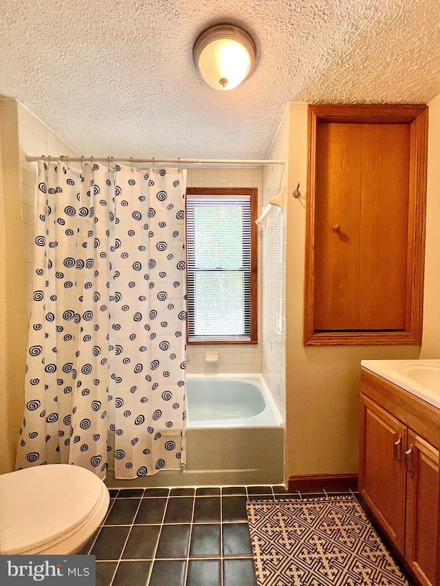 299 Valentine Acres Rd, Clearville, PA 15535 - full bath with tile patterned flooring, vanity, a textured ceiling, shower / bath combo with shower curtain, and toilet