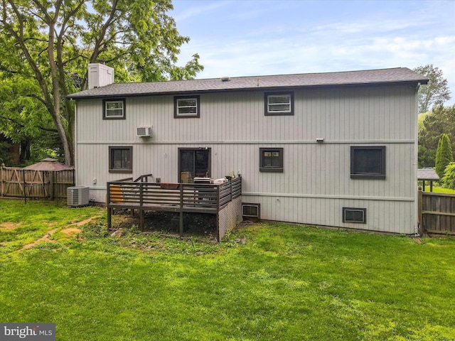 11815 Oriole Dr, Hagerstown, MD 21742 - back of house with central AC, a chimney, a deck, and a shingled roof