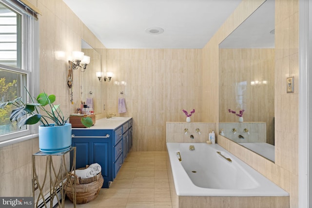 65 Covered Bridge Rd, New Hope, PA 18938 - bathroom featuring tile walls, a bath, and double vanity