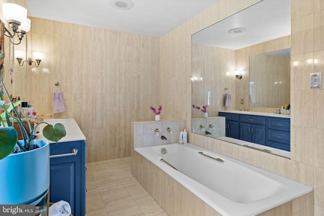 65 Covered Bridge Rd, New Hope, PA 18938 - full bathroom with tile walls, a bath, vanity, and tile patterned flooring
