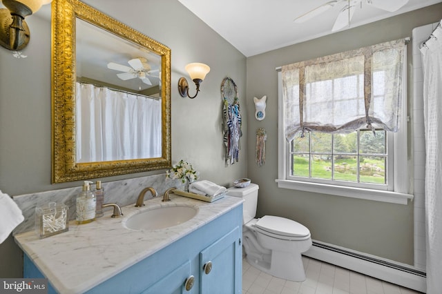 65 Covered Bridge Rd, New Hope, PA 18938 - full bath featuring a baseboard radiator, ceiling fan, vanity, and toilet