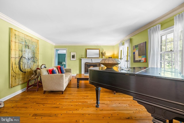 65 Covered Bridge Rd, New Hope, PA 18938 - recreation room featuring ornamental molding, wood-type flooring, baseboards, and a lit fireplace