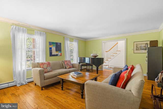 65 Covered Bridge Rd, New Hope, PA 18938 - living room featuring ornamental molding, stairs, and light wood finished floors