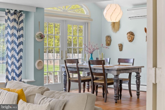 65 Covered Bridge Rd, New Hope, PA 18938 - tiled dining area featuring a wall unit AC, plenty of natural light, and vaulted ceiling