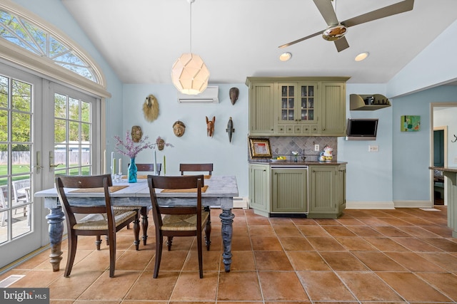 65 Covered Bridge Rd, New Hope, PA 18938 - tiled dining room with vaulted ceiling, a wall mounted air conditioner, ceiling fan, french doors, and recessed lighting