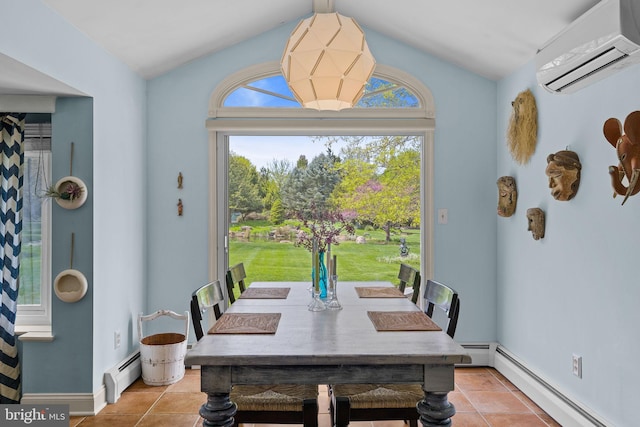 65 Covered Bridge Rd, New Hope, PA 18938 - dining space with a wall mounted AC, vaulted ceiling, baseboard heating, light tile patterned floors, and healthy amount of natural light