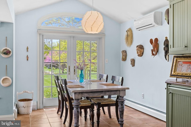 65 Covered Bridge Rd, New Hope, PA 18938 - dining room featuring a wall mounted air conditioner, a baseboard heating unit, vaulted ceiling, light tile patterned flooring, and healthy amount of natural light
