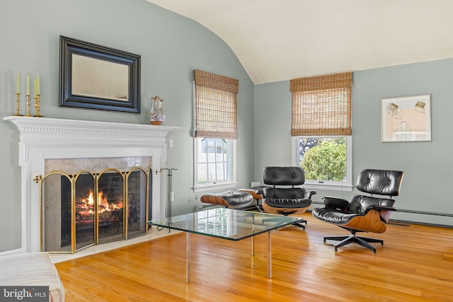 65 Covered Bridge Rd, New Hope, PA 18938 - sitting room featuring lofted ceiling, wood finished floors, a high end fireplace, a baseboard radiator, and baseboard heating