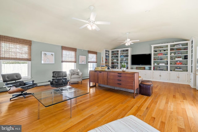 65 Covered Bridge Rd, New Hope, PA 18938 - living area featuring ceiling fan, light wood-style flooring, lofted ceiling, and built in features