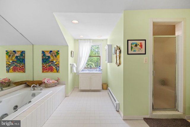 65 Covered Bridge Rd, New Hope, PA 18938 - bathroom with baseboard heating, a shower stall, vanity, a jetted tub, and recessed lighting