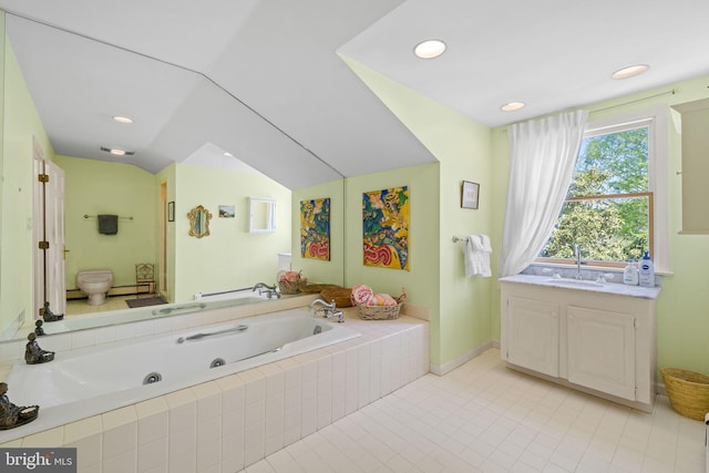 65 Covered Bridge Rd, New Hope, PA 18938 - bathroom with a sink, a jetted tub, vaulted ceiling, toilet, and tile patterned flooring
