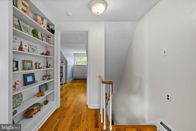 65 Covered Bridge Rd, New Hope, PA 18938 - hall featuring a baseboard radiator, light wood-style flooring, and an upstairs landing